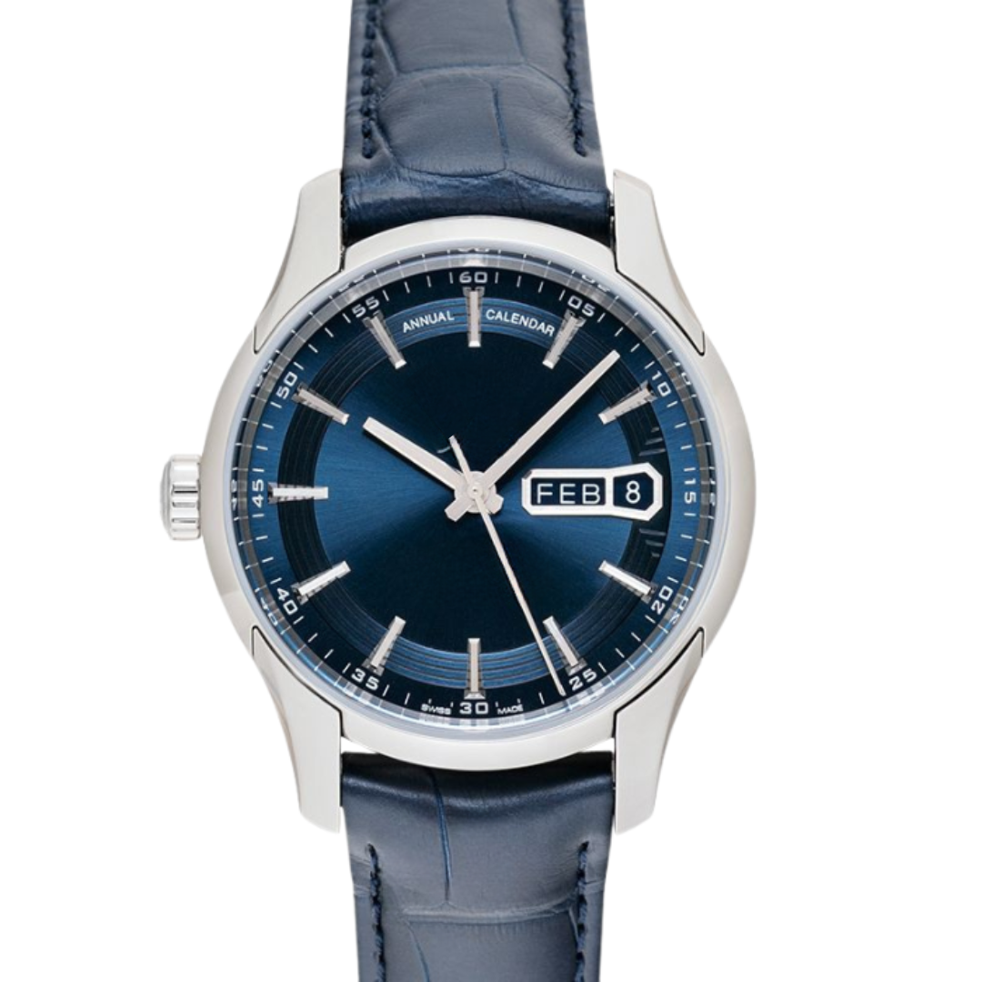 Annual Calendar Global 41 – Blue World Map Dial | Steel Case & Blue Leather Strap